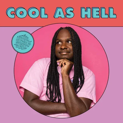Graphic poster reading “COOL AS HELL” with a portrait of a woman with long braids wearing a pink shirt, centered in a pink circle on a purple background