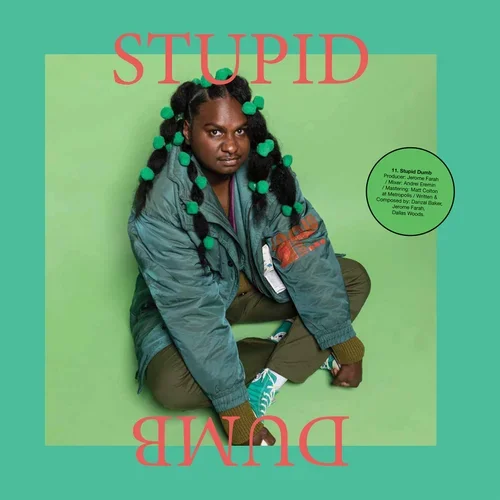Square album cover featuring a seated Black woman with green hair ribbons, oversized jacket, and sneakers against a lime-green background, with red upside-down text reading “STUPID DUMB.”