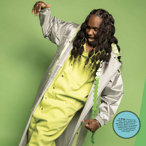 Reggae musician Shaggy posing in a neon yellow outfit and silver coat against a green background