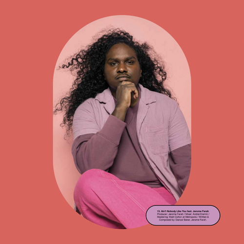 Black person with long curly hair posing in pink and purple clothing against a coral background
