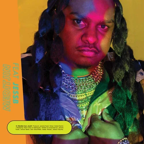 Album cover for FEAT. JESSB, “MEDLEY,” featuring a long-haired person wearing layered necklaces and a green jacket under colorful red, blue, and green lighting.