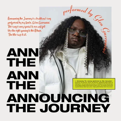Album cover for “Announcing the Journey,” featuring a person with long curly hair in white clothing, bold black title text, and red handwritten lettering.