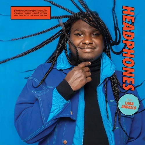 Album cover featuring a person with long braided hair wearing a blue jacket against a bright blue background, with the title “Headphones” and text featuring Lara Andallo.