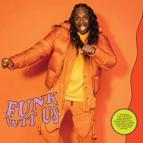 Album cover featuring a smiling man in orange clothing against an orange background, with the title “Funk Wit Us.”