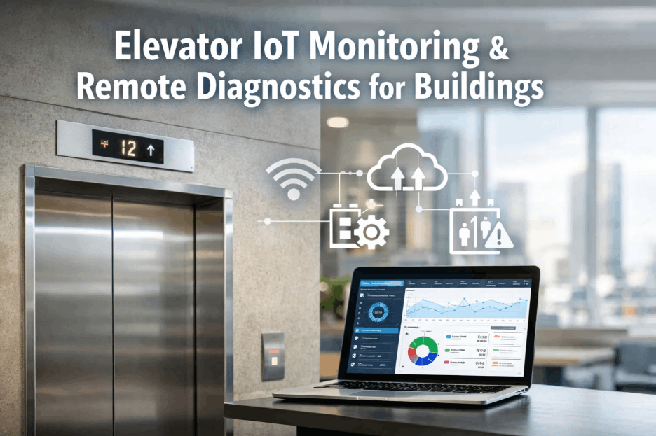 Elevator IoT monitoring and remote diagnostics dashboard displayed on a laptop in a modern building lobby