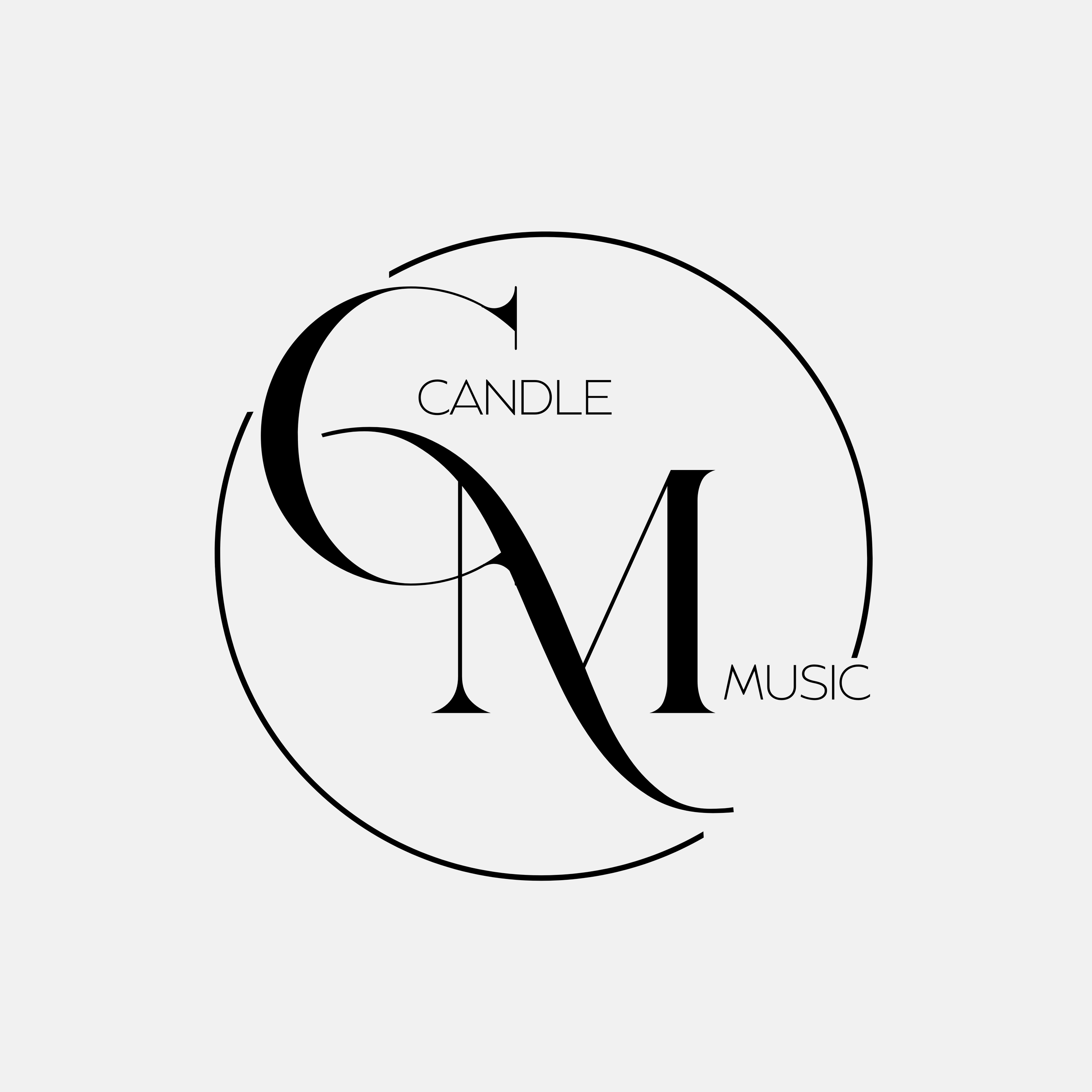 黒い円形の抽象ロゴと大きな「M」の文字、「CANDLE」「MUSIC」の英字を配置したモノクロデザイン
