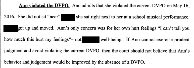 Court filing stating that Ann Reinhart admits she violated the domestic violence protection order on May 16, 2016 by sitting next to her daughter at a school musical performance, with the daughter's name redacted