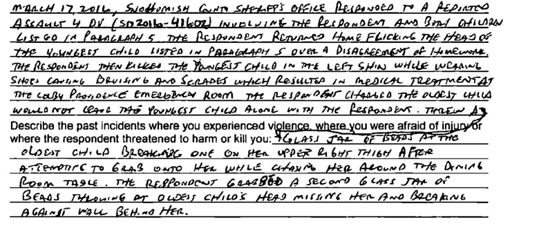 Excerpt from a protection order petition describing the March 17, 2016 incident, including the kick that led to emergency room treatment and glass jars of beads thrown at the oldest child