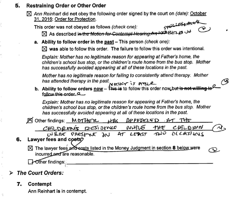 Court order finding that Ann Reinhart did not obey the October 31, 2016 Order for Protection, appeared at the children's residence on at least two occasions, and is in contempt