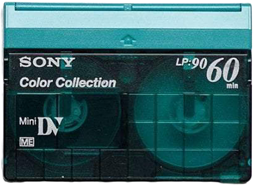 Close-up of a vintage Sony Mini DV tape, part of the Color Collection, with 60 minutes recording capacity.