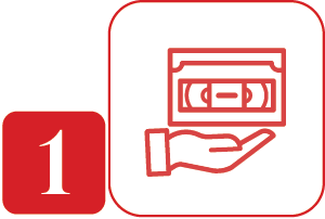 An icon of a hand holding a cassette tape with a red background and a number 1 in a red box.
