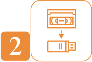 An icon of a video tape with an arrow and a USB drive suggesting video tape transfer to USB, with a number 2 in a orange box.