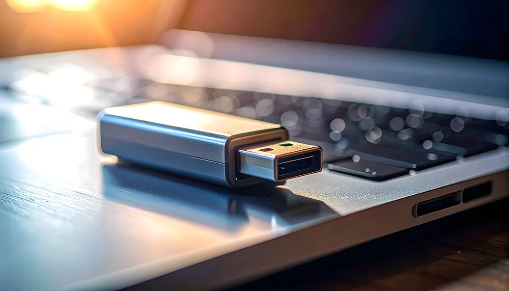 USB flash drive on a laptop keyboard with sunlight shining in the background.