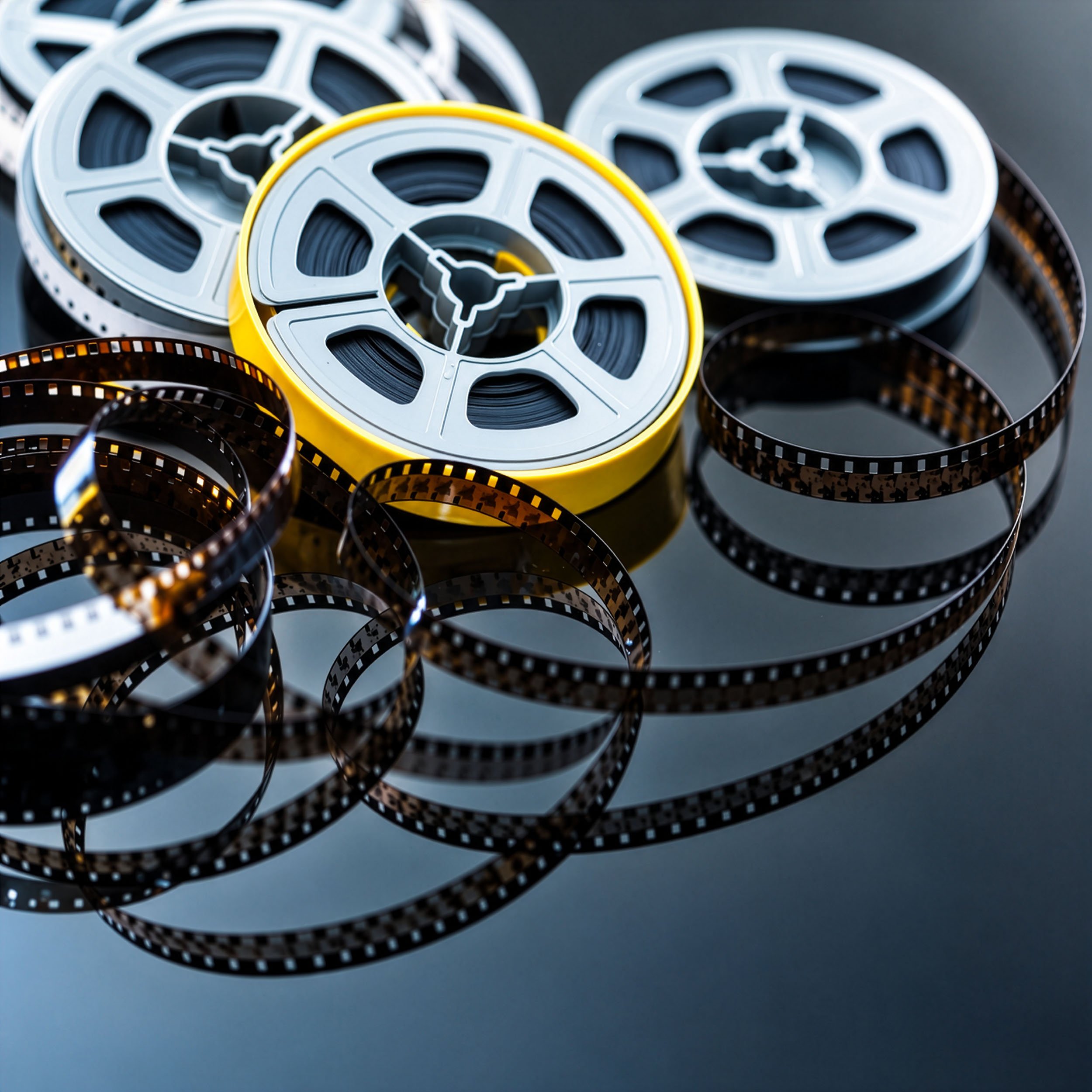 Multiple 8mm Cine film reels with black film strips, some with yellow edges, laid out on a dark surface.