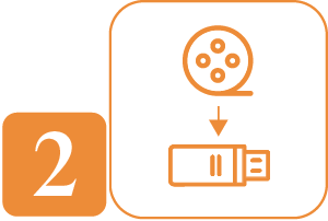 An icon of a cine film reel with an arrow and a USB drive suggesting cine film transfer to USB, with a number 2 in a orange box.