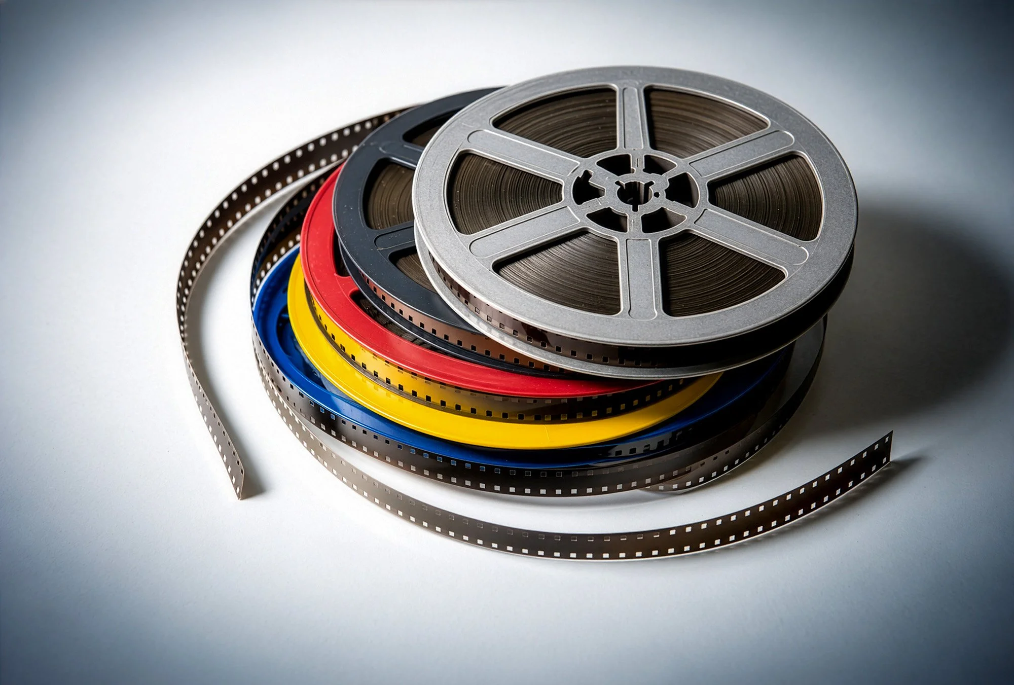 Multiple rolls of Cine 8mm film in different colours, stacked together on a white surface.