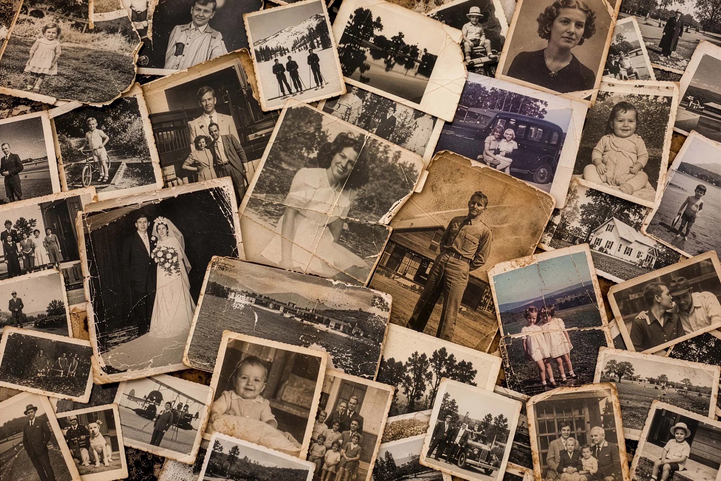 A collage of old black-and-white photographs depicting various people, including children, adults, and families, in outdoor settings and at events, with some photos showing landscapes, buildings, and vintage cars.
