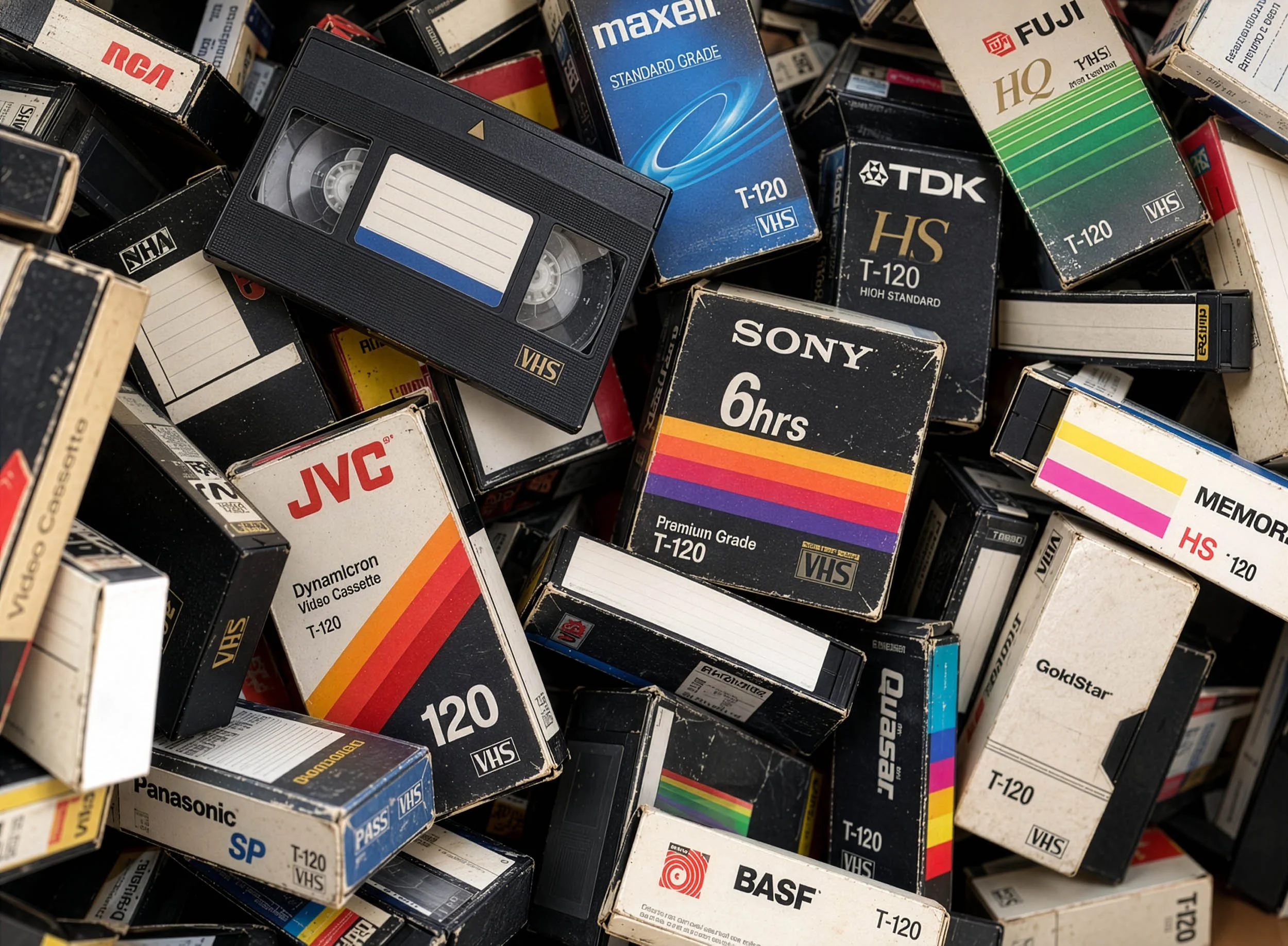 A pile of VHS tape boxes with various brand labels, including Maxell, Sony, Fuji, JVC, and BASF.