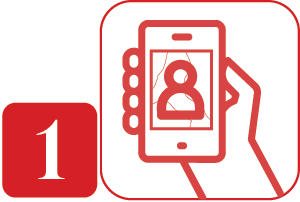 A hand holding a smartphone with a person icon displayed on the screen, and a red number 1 icon in the bottom left corner.