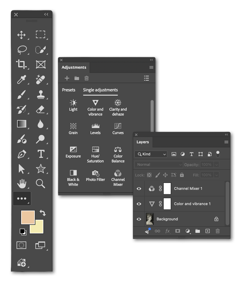 Screenshot of a graphic design workspace in photo editing software, showing tool palettes, adjustment panels, and layers with labels like 'Color and vibrance' and 'Channel Mixer 1'.