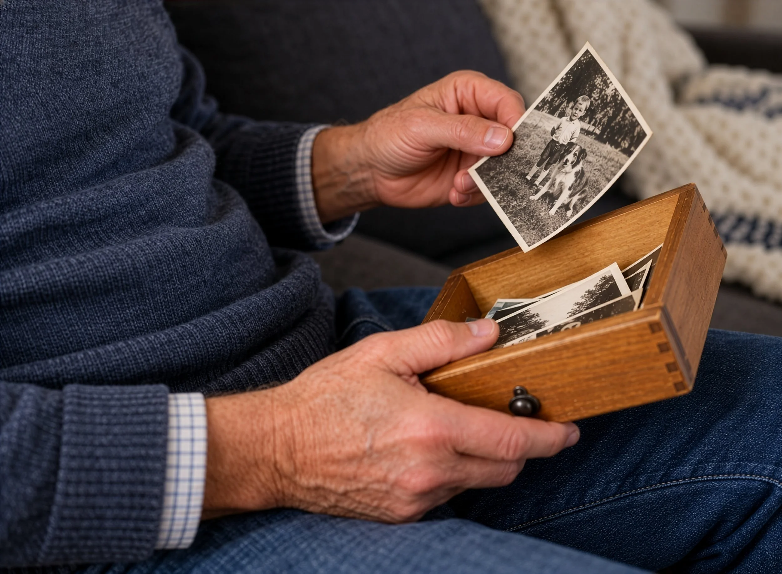 Close-up of an elderly person holding a black-and-white photograph of a young girl and a dog, while sitting on a couch with a wooden box filled with more photographs.