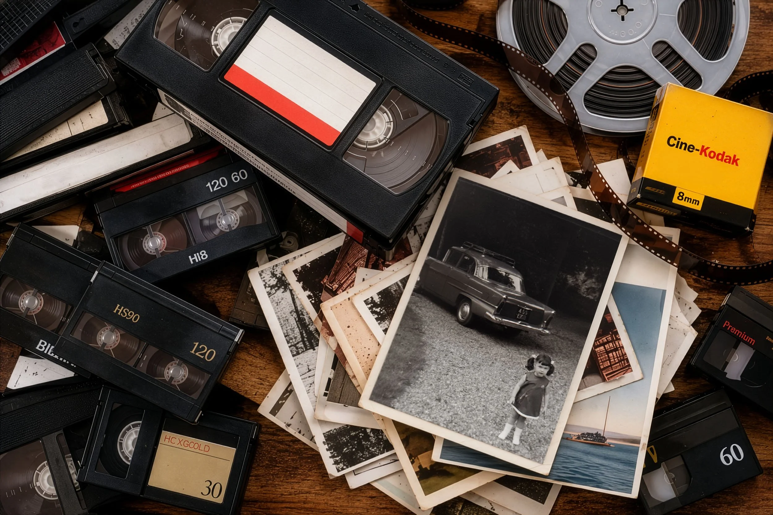 Vintage VHS tapes, 8mm film reels, and old family photographs scattered on a wooden table