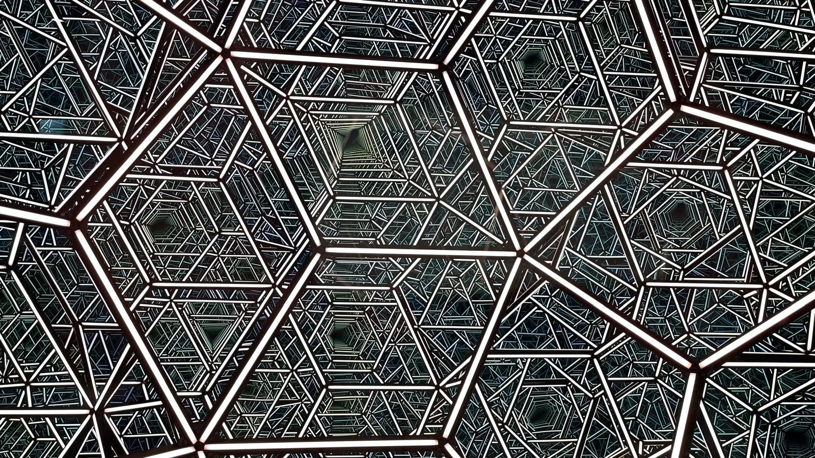 Abstract geometric pattern of interconnected illuminated hexagonal tunnels creating a kaleidoscopic 3D effect
