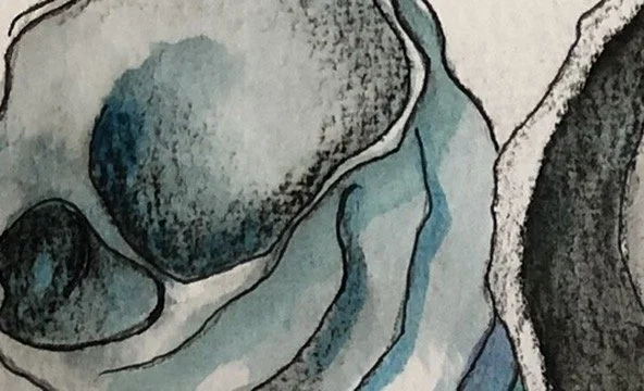 Abstract watercolor and ink illustration of layered blue-gray organic shapes resembling rocks or waves