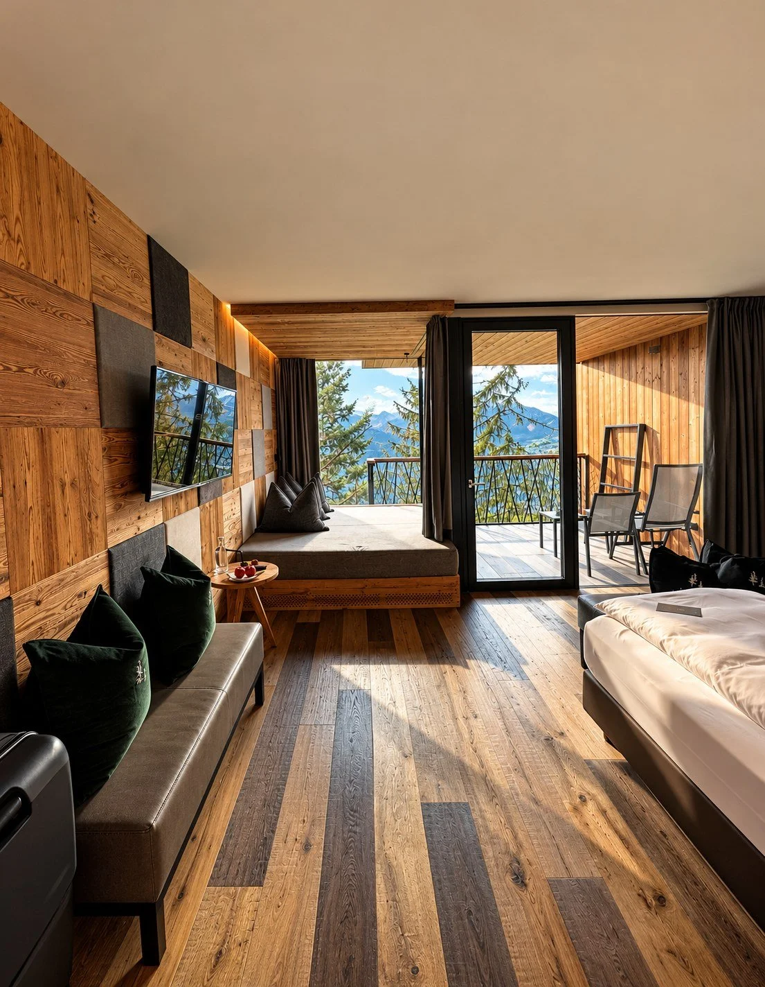 Nest Suite at My Arbor with wood-panelled walls, a window daybed and a balcony looking out over the trees to the mountains