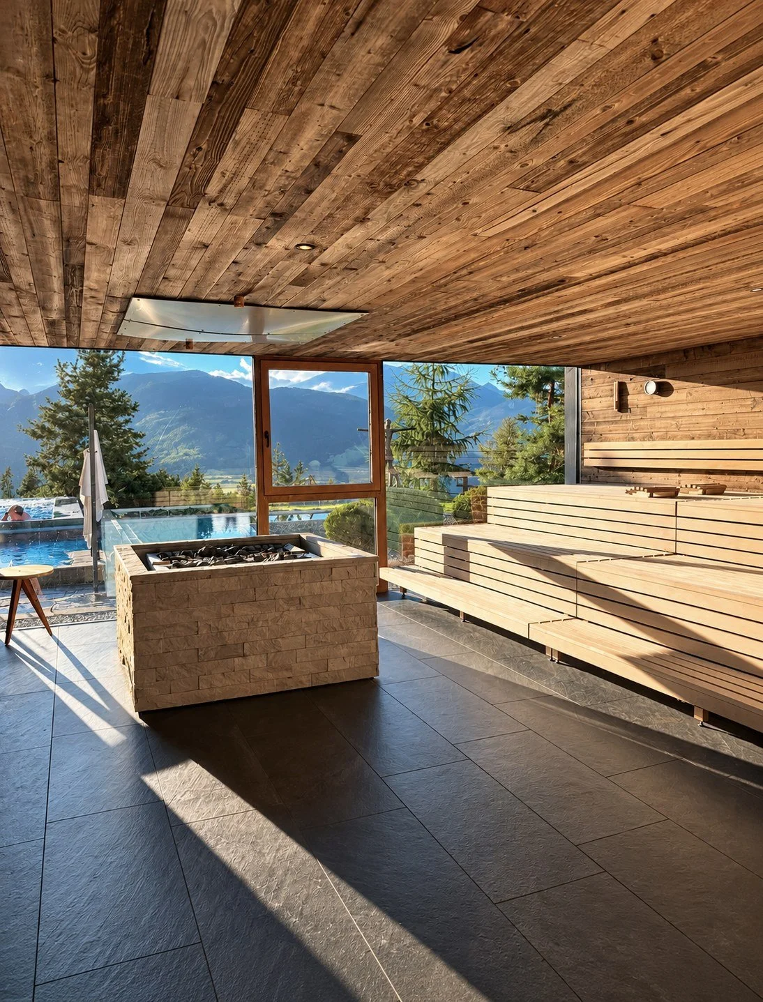 Panorama sauna at My Arbor spa with a stone stove, wooden benches and floor-to-ceiling windows onto the mountains and pool