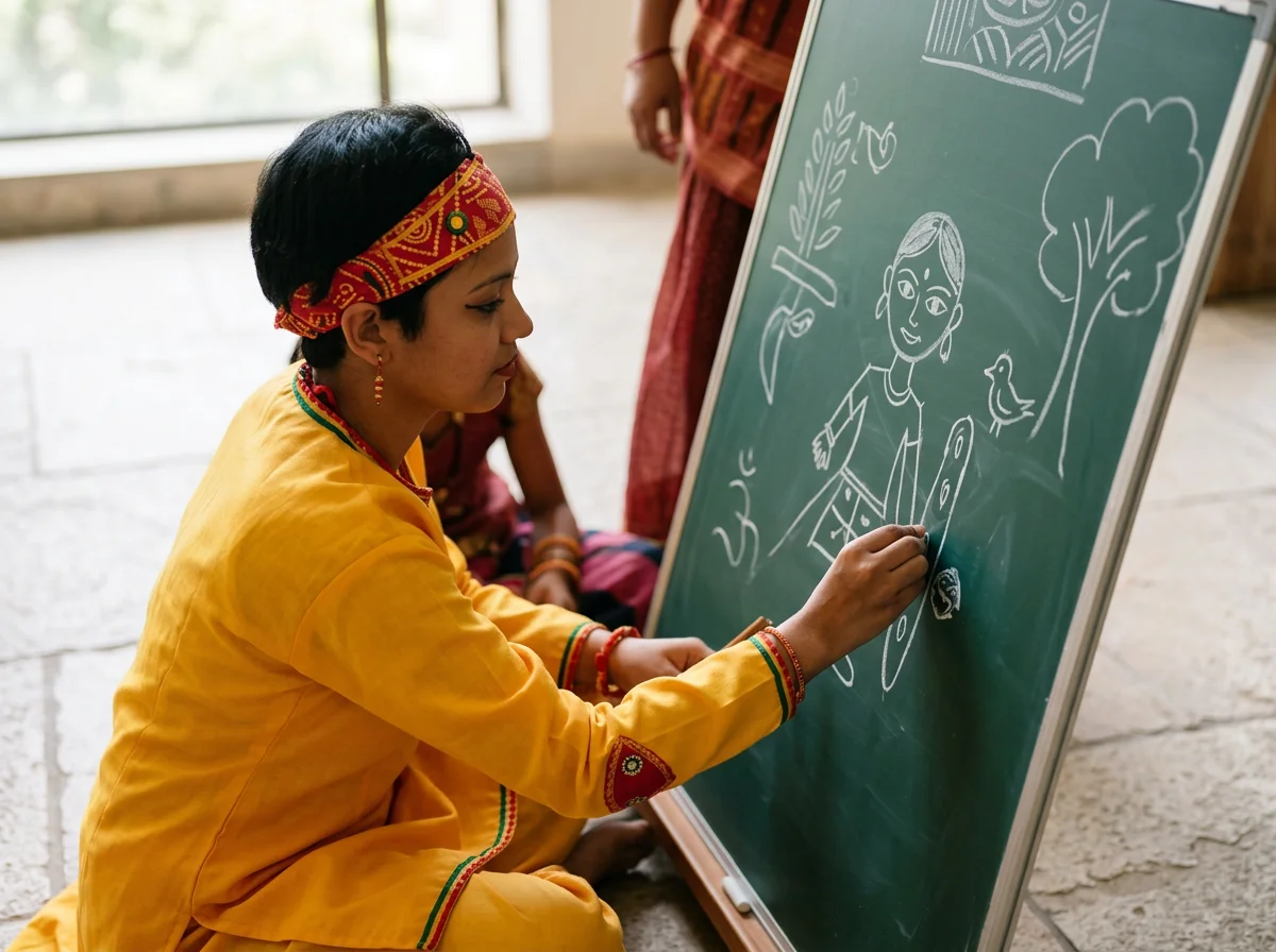 Indian child in traditional clothing drawing krishna and nature scene on a large chalkboard