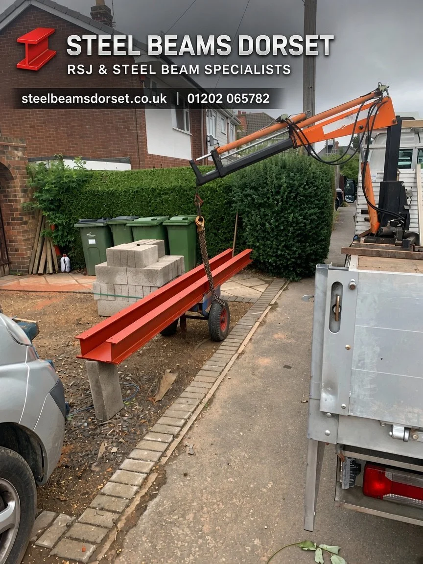 Steel beam delivery in Dorset using a mini excavator, with red RSJ beams and company branding visible
