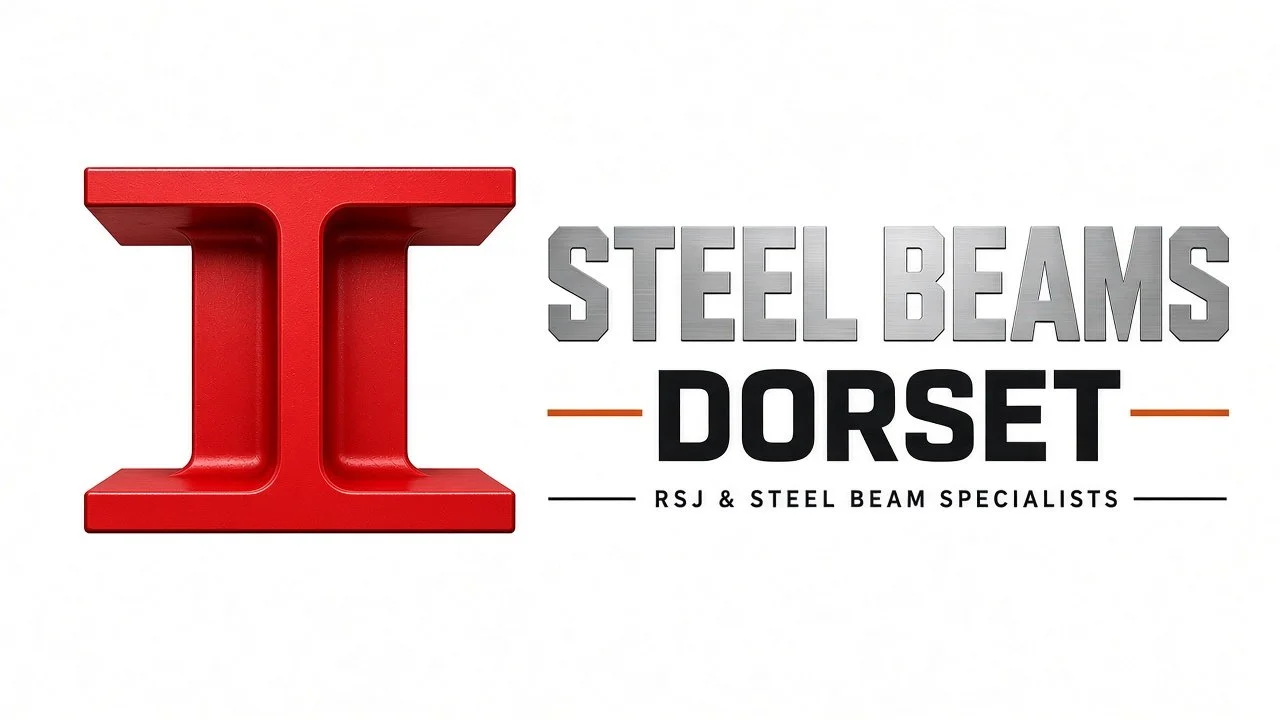 Steel Beams Dorset logo with a red I-beam icon and text reading “RSJ & Steel Beam Specialists.”
