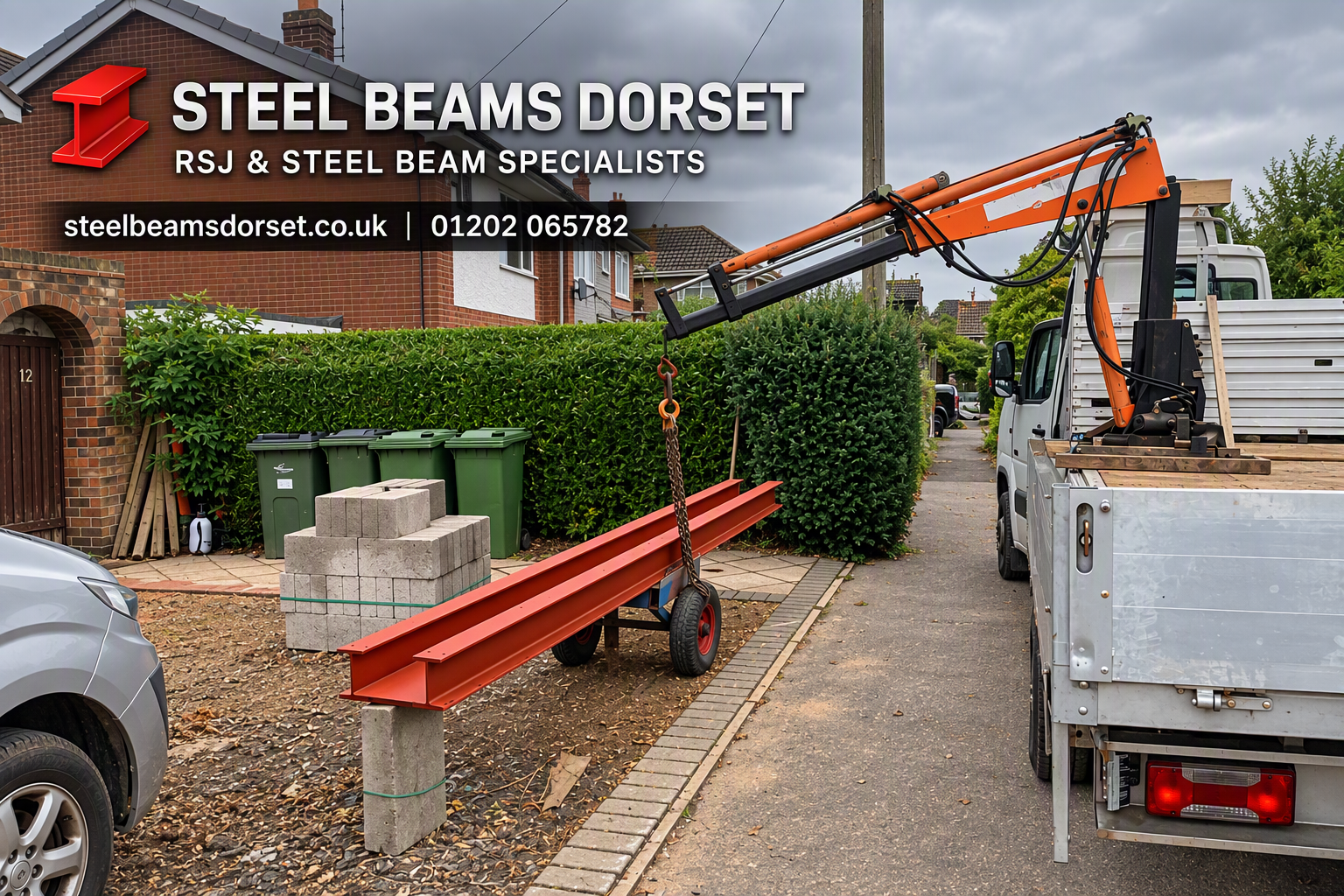 Steel Beams Dorset truck crane lifting red steel beams outside a residential house