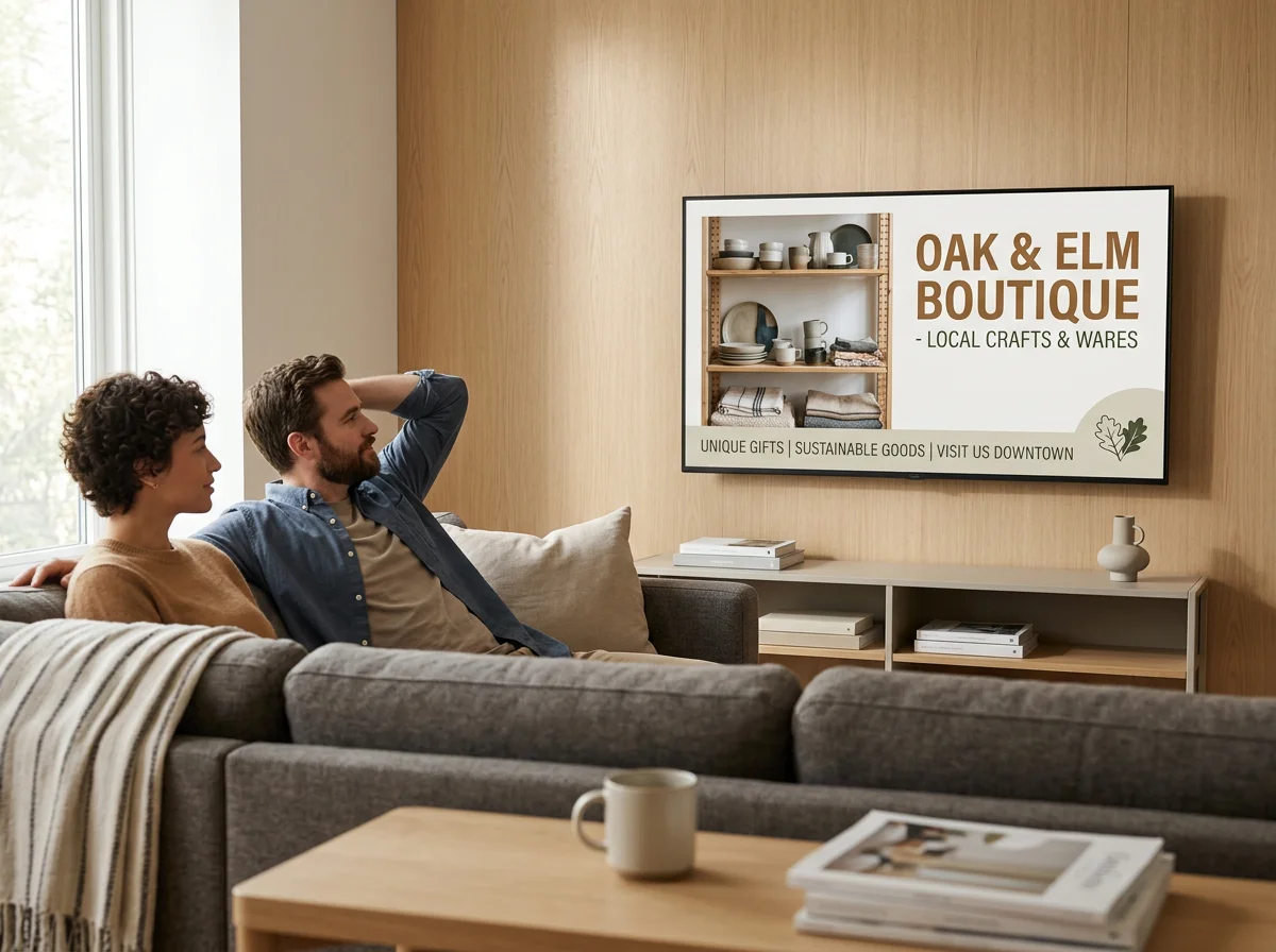 Couple relaxing on a sofa watching a TV advertisement for Oak & Elm Boutique, a local crafts and sustainable goods shop.