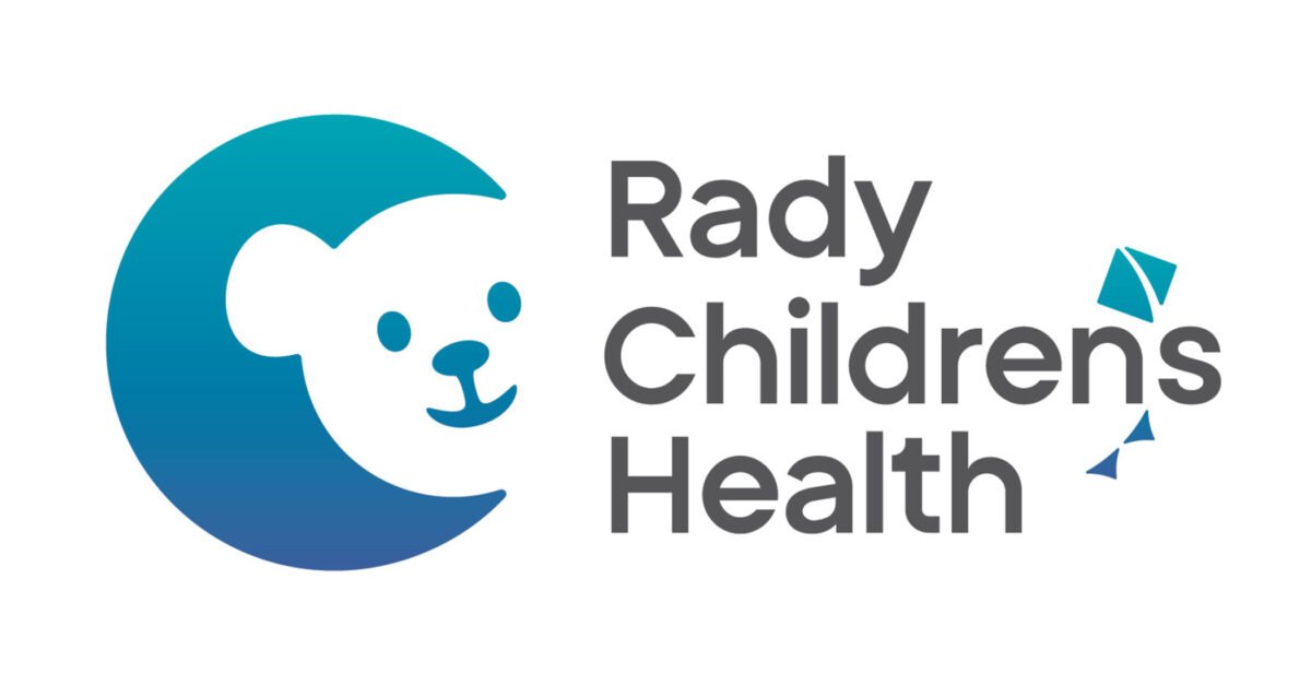 Rady Children's Health logo featuring a smiling bear icon and blue geometric accents