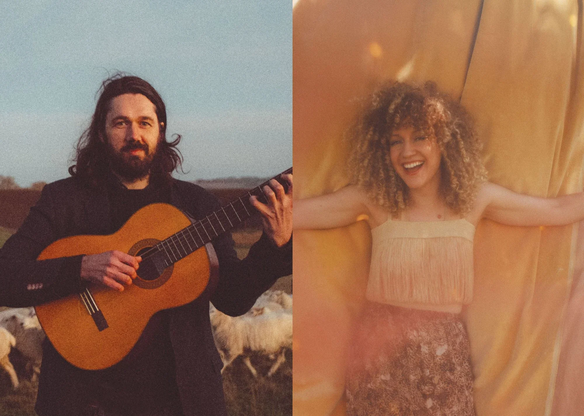 Split-screen portrait of a long-haired bearded man playing acoustic guitar outdoors and a smiling curly-haired woman sitting in a warmly lit bathtub.