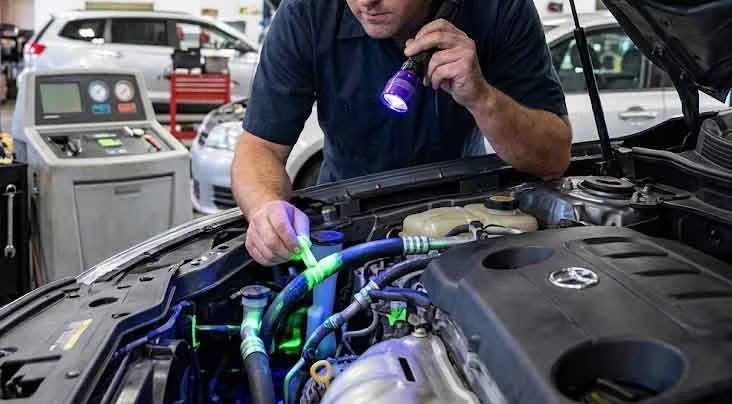 Auto mechanic using a UV flashlight to inspect fluorescent dye in an open car engine bay