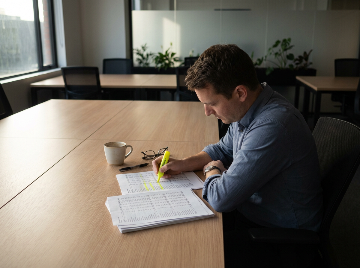 Man highlighting figures on printed documents at an office conference table with coffee and eyeglasses nearby.