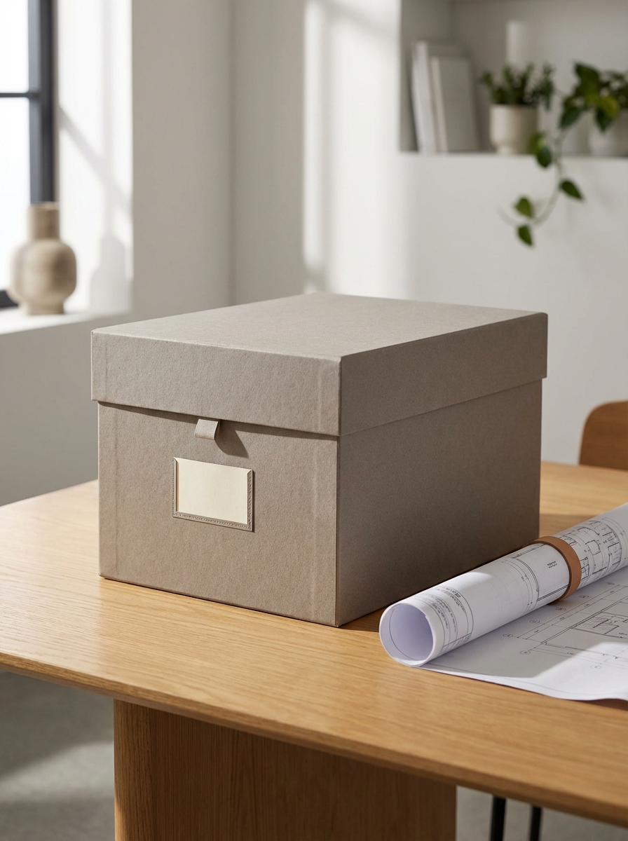Beige fabric storage box with label holder on a wooden desk beside rolled architectural blueprints