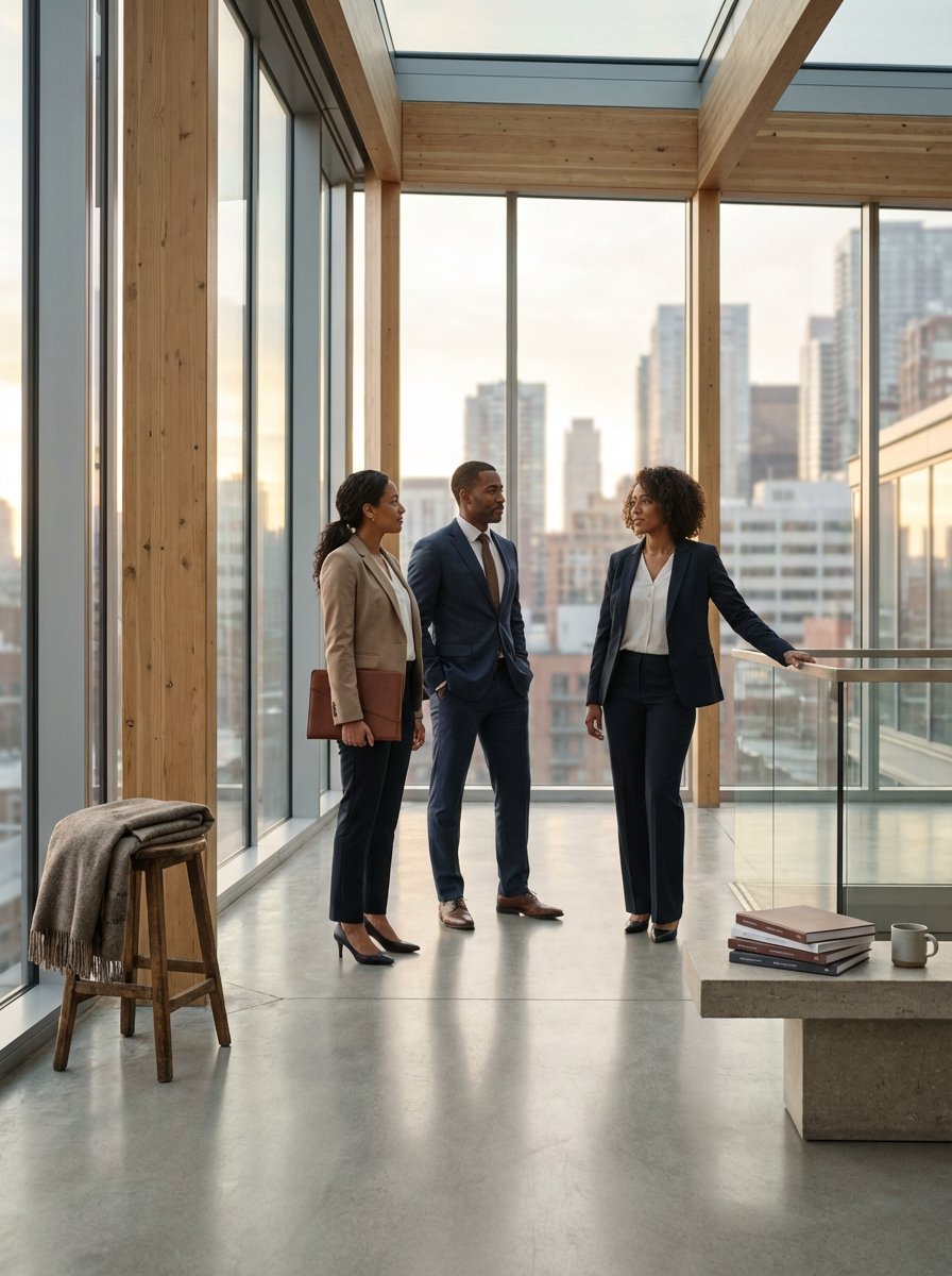 Three business professionals conversing in a modern glass-walled office overlooking a city skyline.