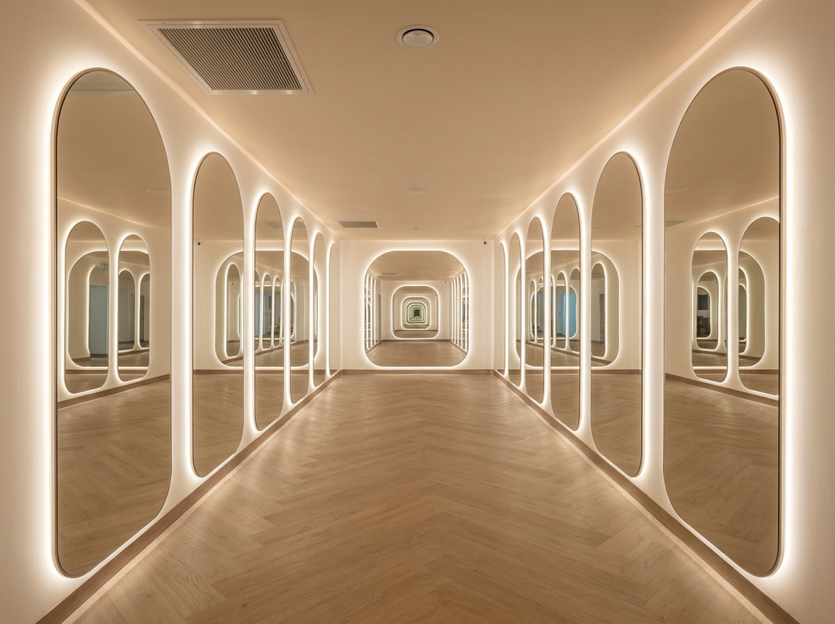 Modern mirrored hallway with illuminated arched mirrors, warm lighting, and herringbone wood flooring