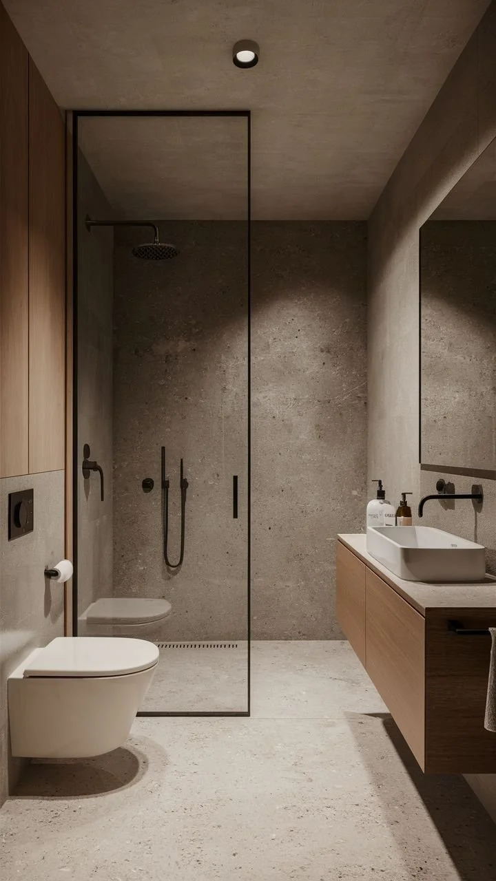 Modern minimalist bathroom with glass-enclosed walk-in shower, wall-mounted toilet, floating wood vanity, and vessel sink