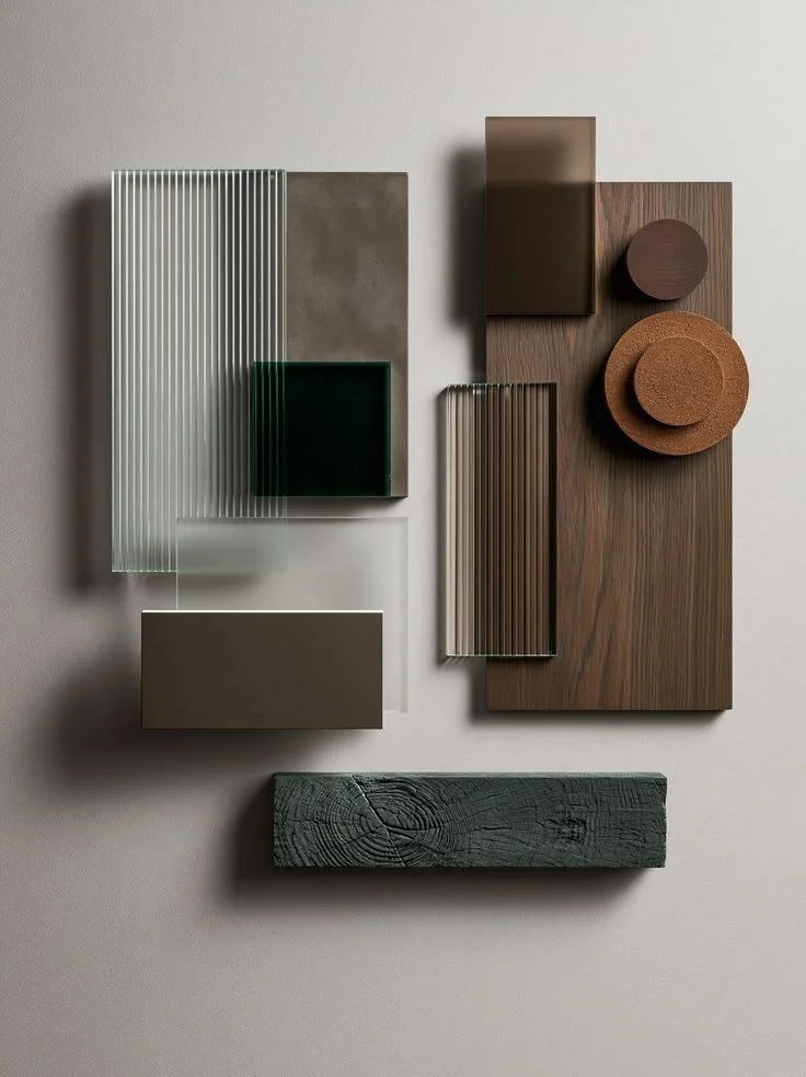 Modern interior design materials mood board featuring wood, glass, metal, textured panels, and circular brown samples mounted on a wall.