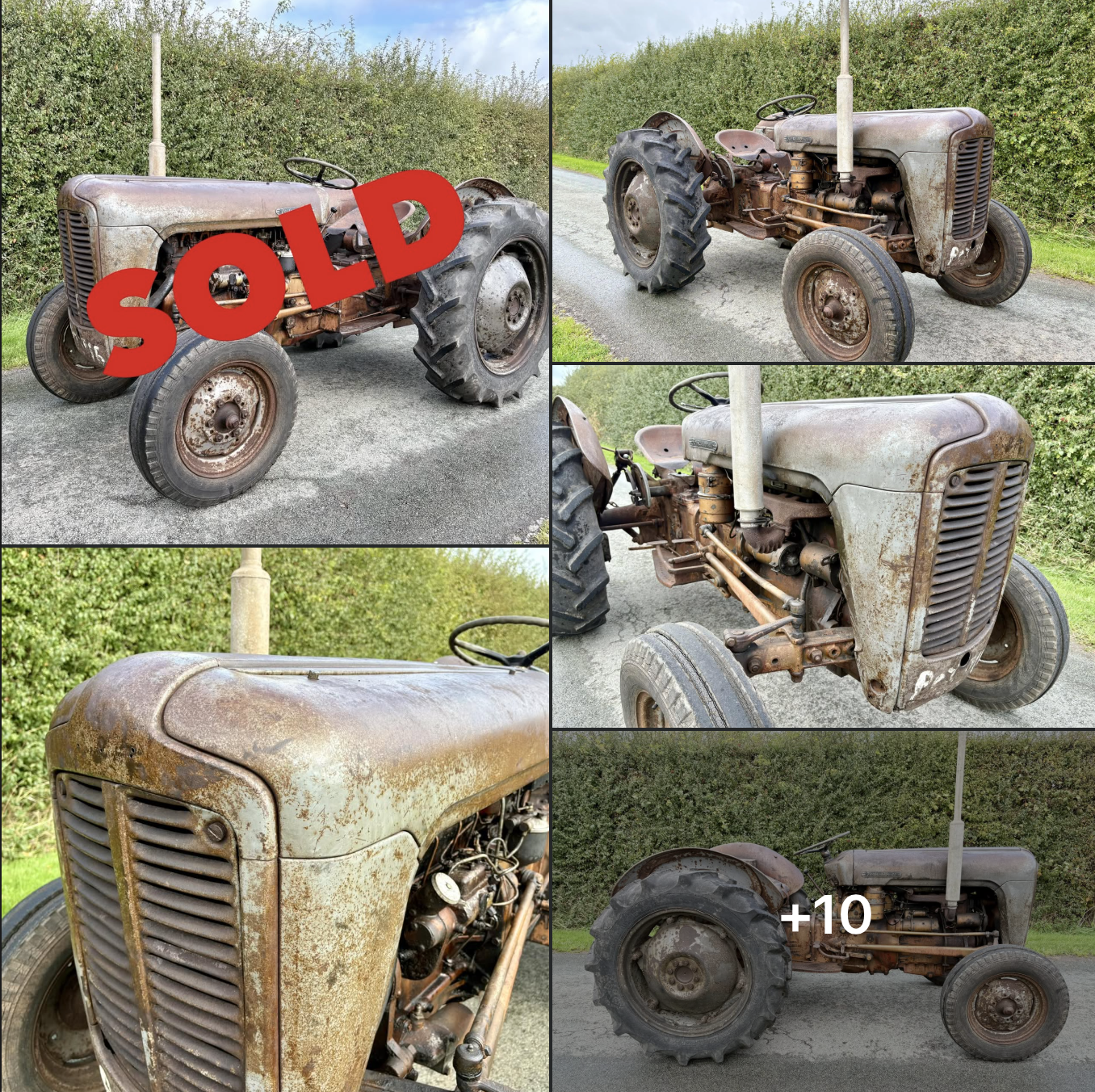 Collage of a vintage, heavily weathered farm tractor shown from multiple angles, including close-ups of its rusted hood, grille, engine, and large rear tires.