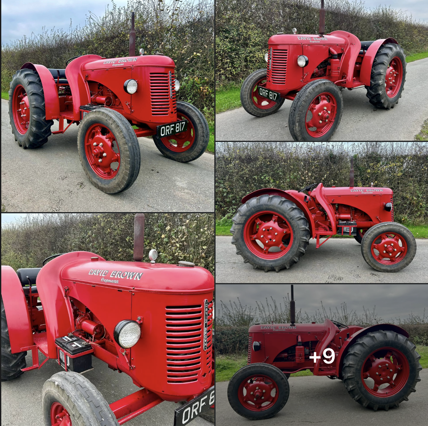 Collage of a restored red David Brown Cropmaster vintage tractor shown from multiple angles