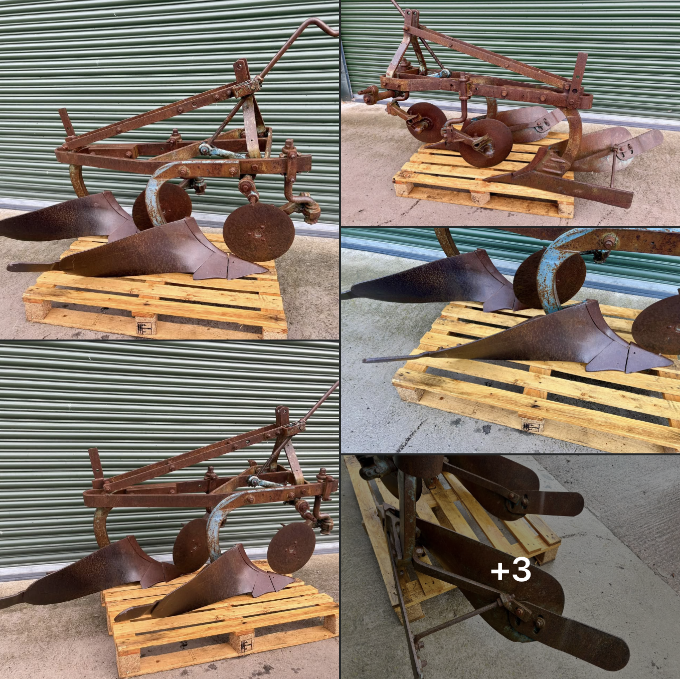 Rusty antique two-bottom moldboard plow displayed on a wooden pallet outdoors