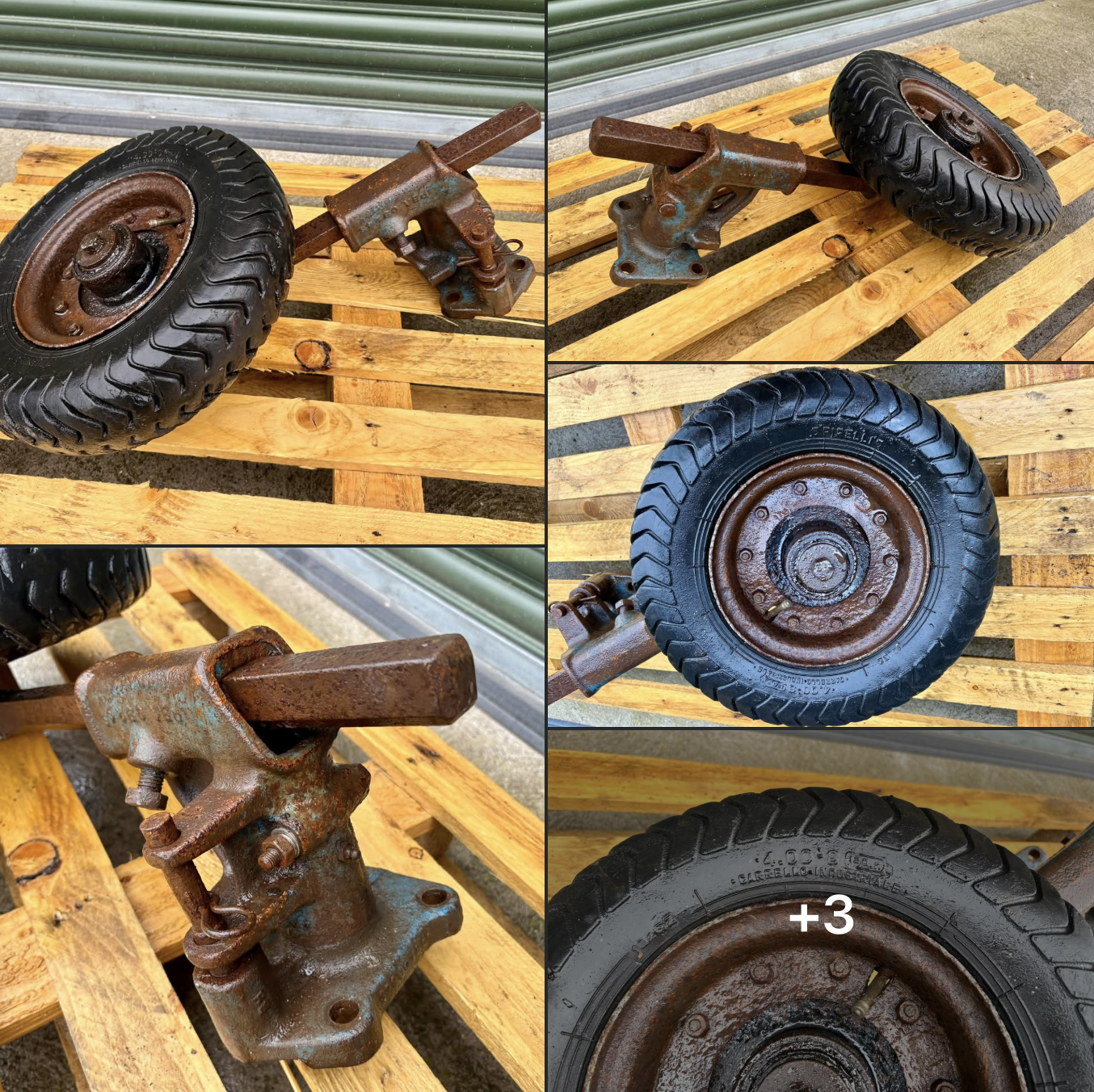 Collage of a vintage rusted wheel and axle assembly with a black pneumatic tire, photographed on a wooden pallet.