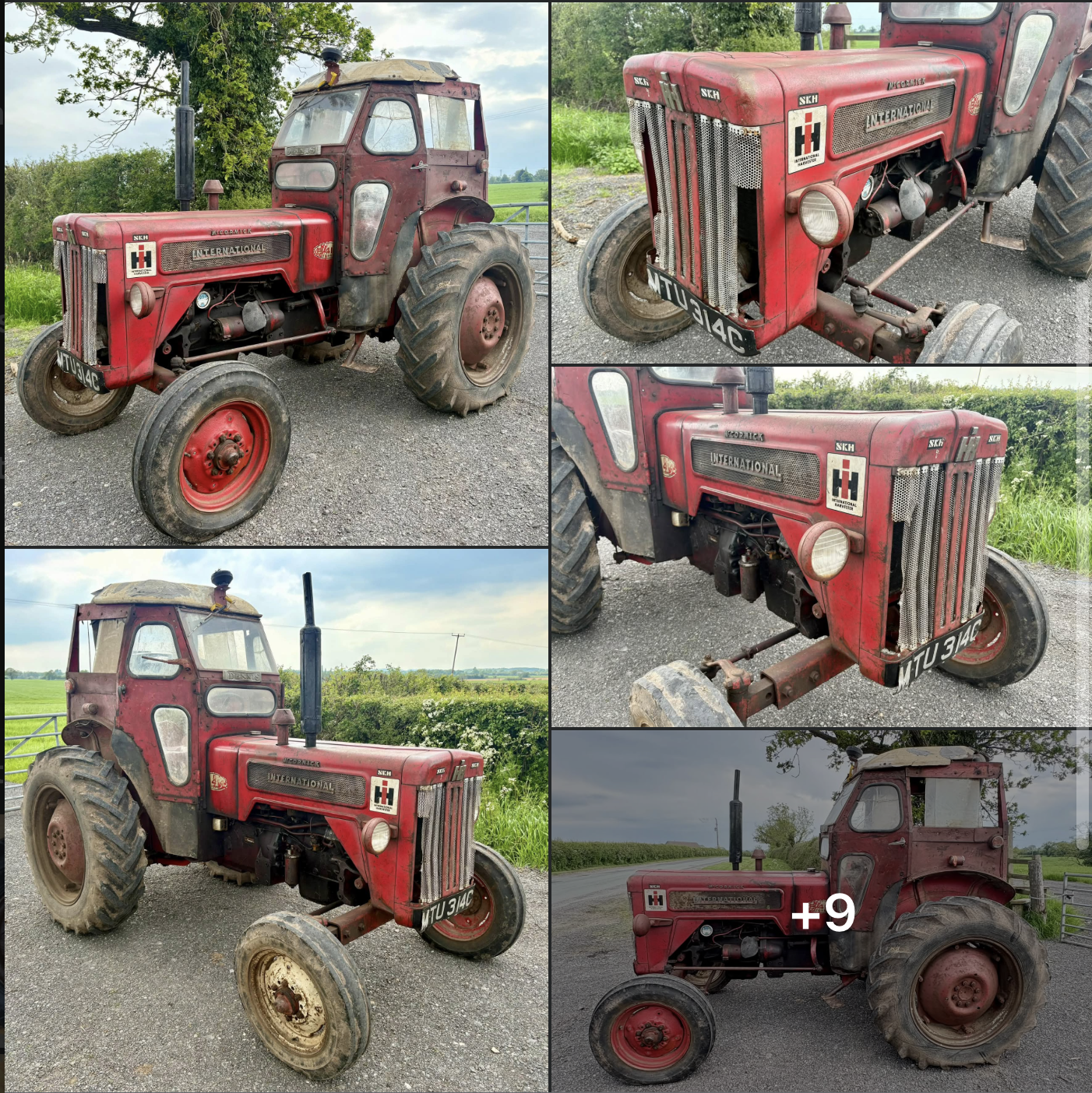 Collage of a vintage red McCormick International tractor photographed from multiple angles in a rural farm setting.
