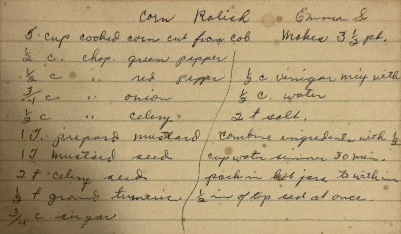 Original handwritten recipe card for Emma S.'s Corn Relish